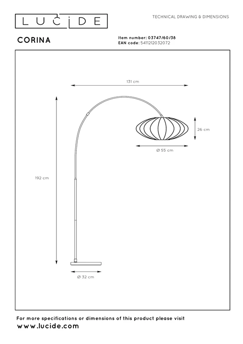 Lucide CORINA - Arc floor lamp - 1xE27 - Cream - technical